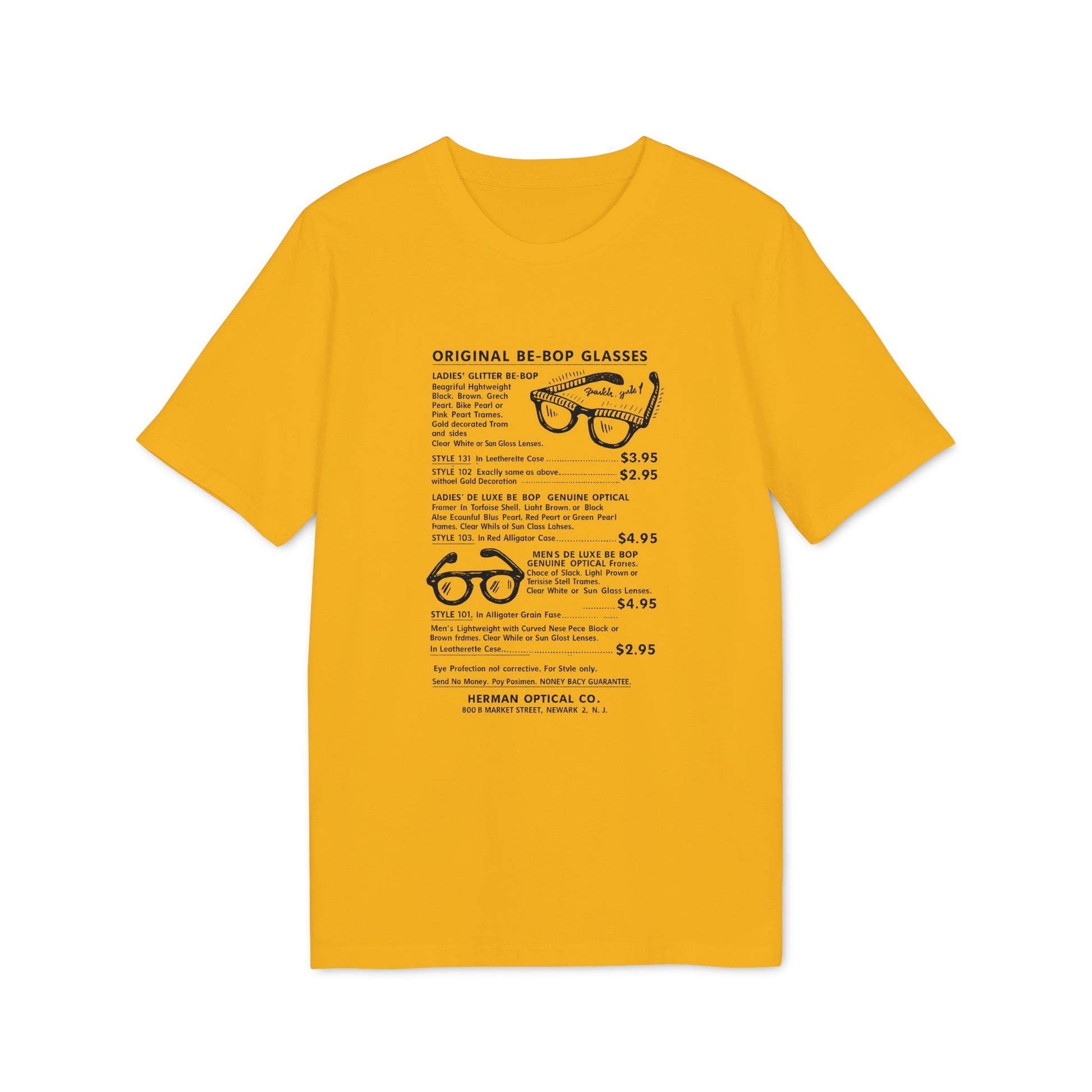 Yellow t-shirt with text and illustrations describing "Original Be-Bop Glasses."