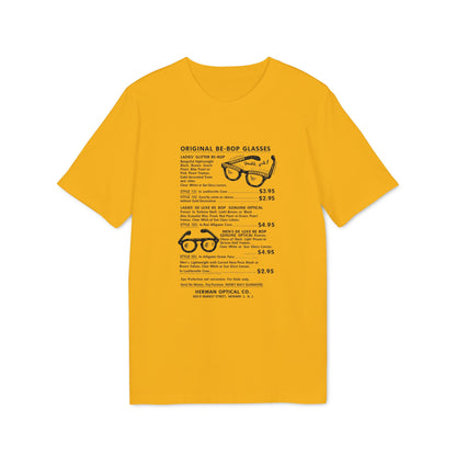Yellow t-shirt with text and illustrations describing "Original Be-Bop Glasses."