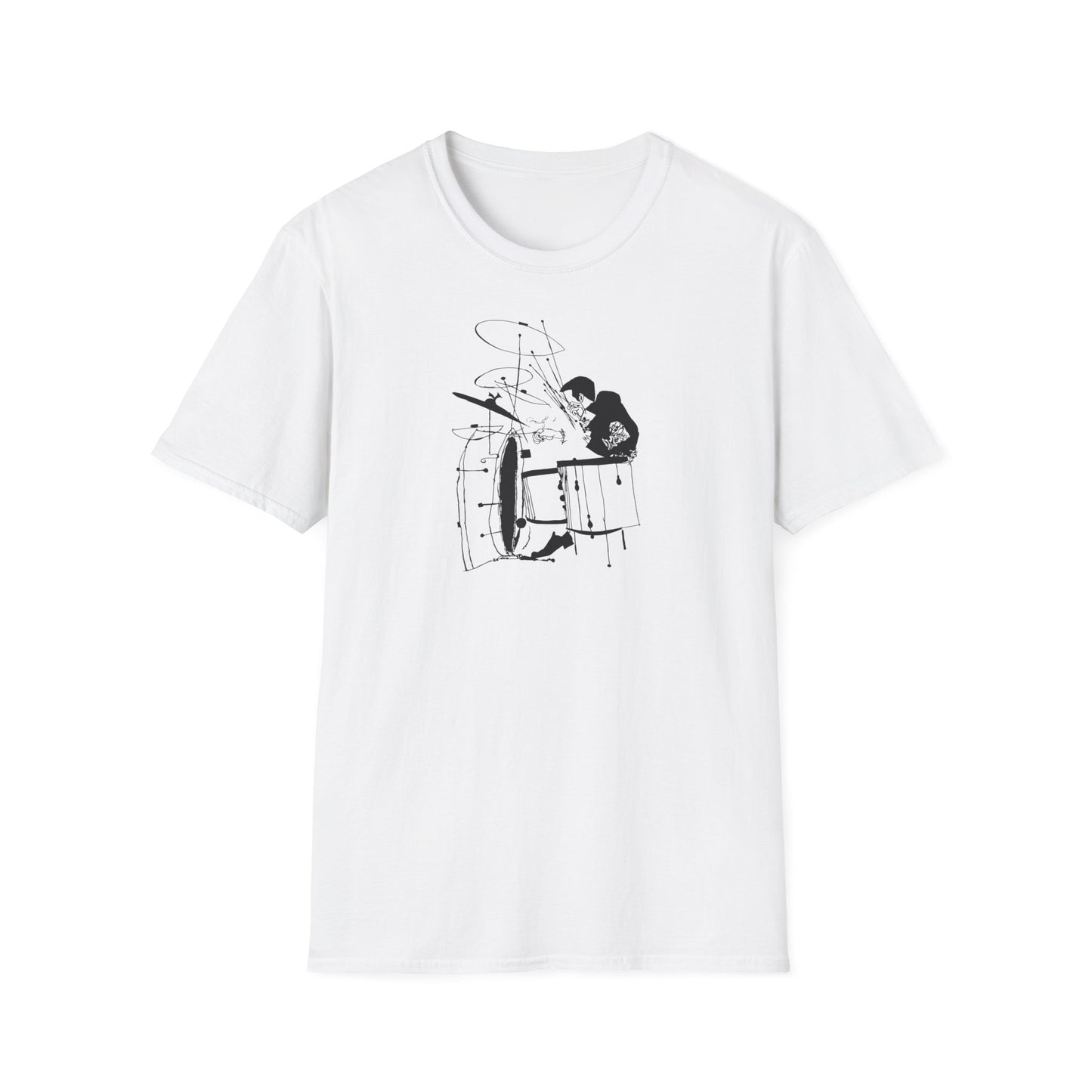 White t-shirt with a black ink drawing of a person playing drums.