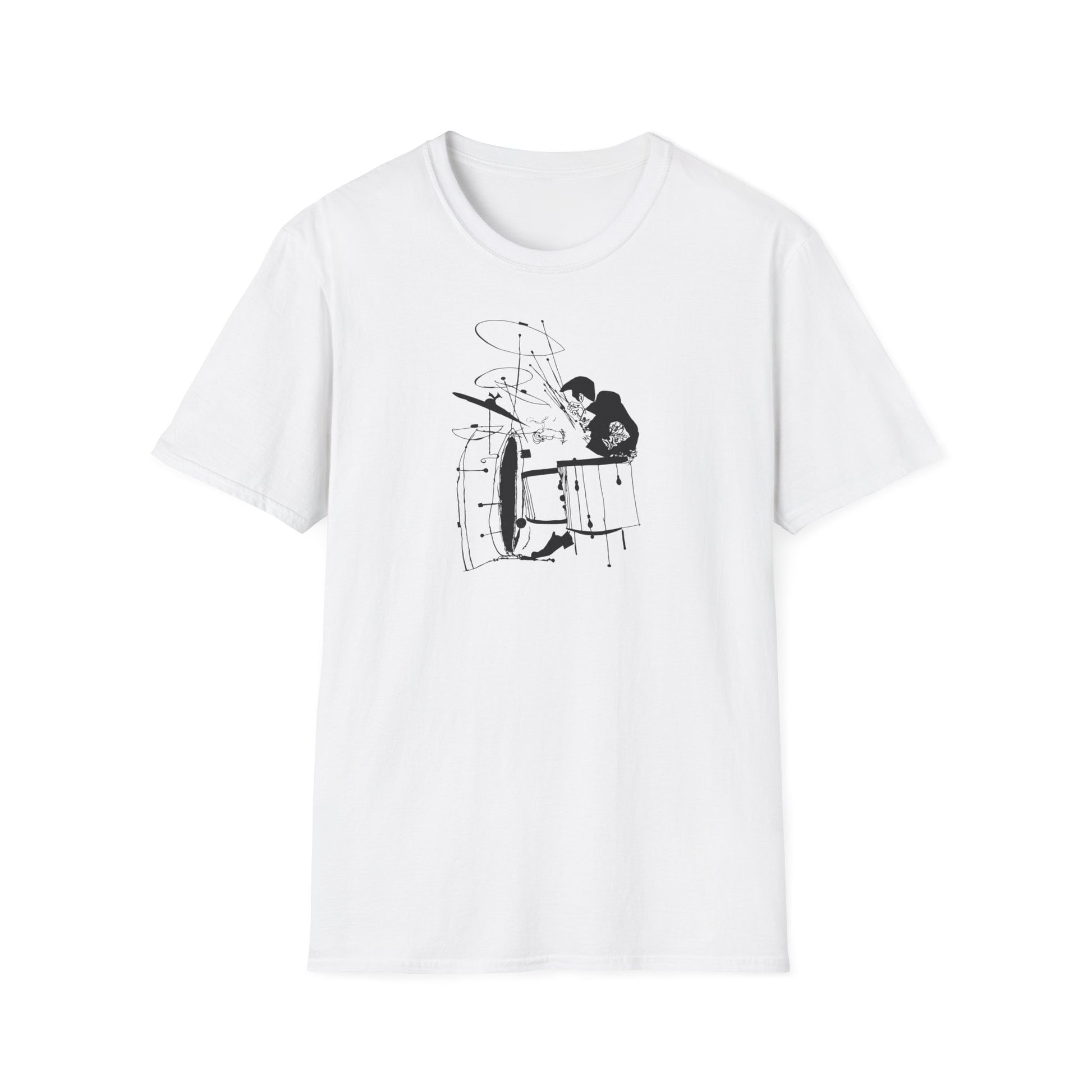 White t-shirt with a black ink drawing of a person playing drums.