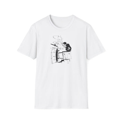 White t-shirt with a black ink drawing of a person playing drums.