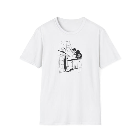 White t-shirt with a black ink drawing of a person playing drums.