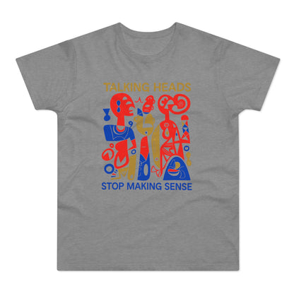 Talking Heads artwork with "STOP MAKING SENSE" text in blue on a grey t-shirt.