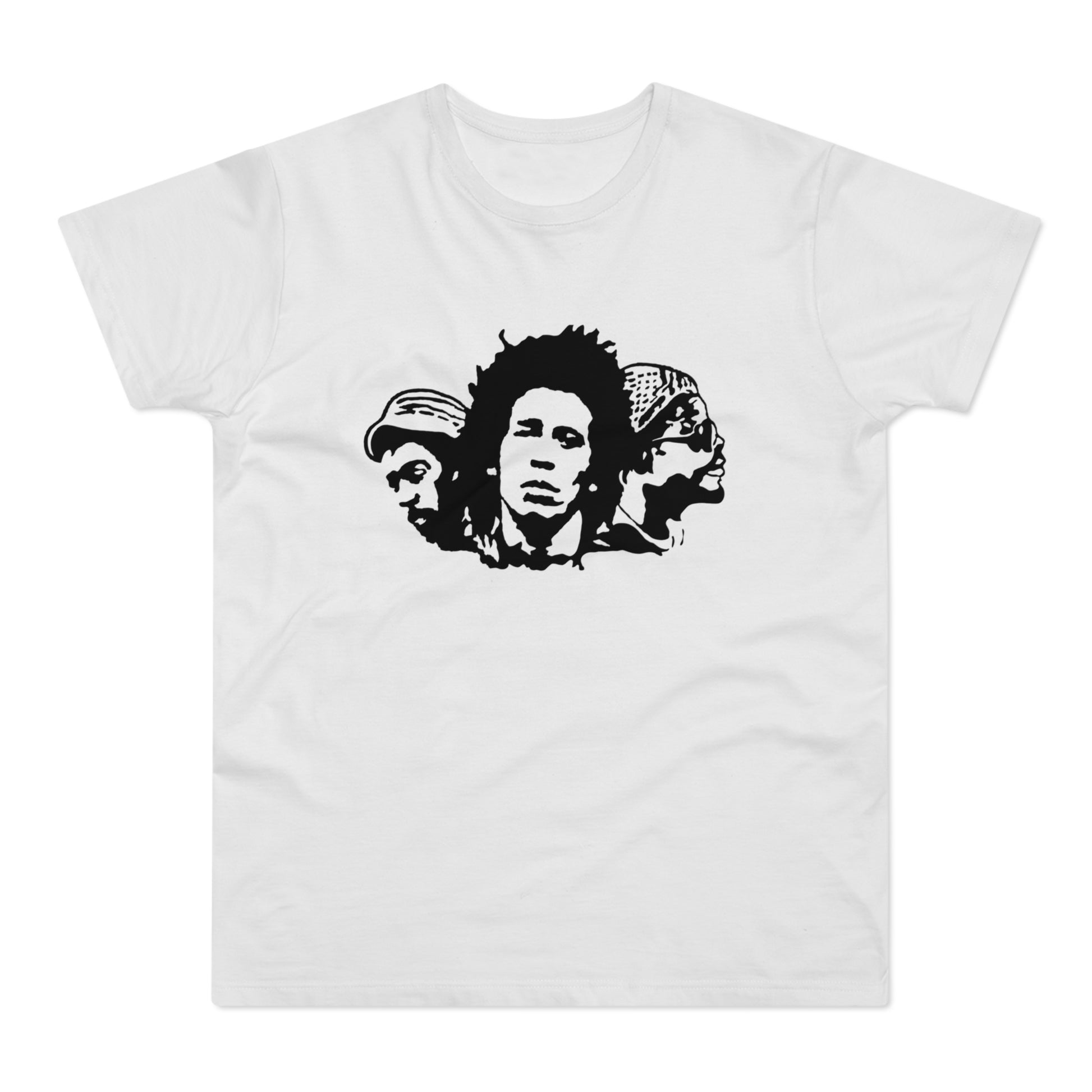 White t-shirt featuring a black graphic of three figures' heads.
