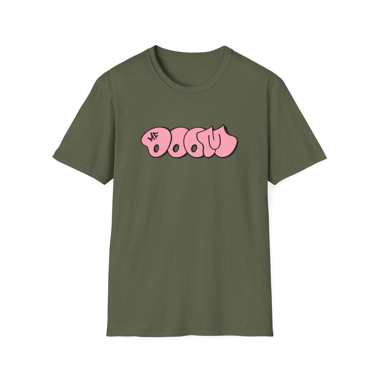 Olive green t-shirt with pink bubble text logo and "MF" initial.