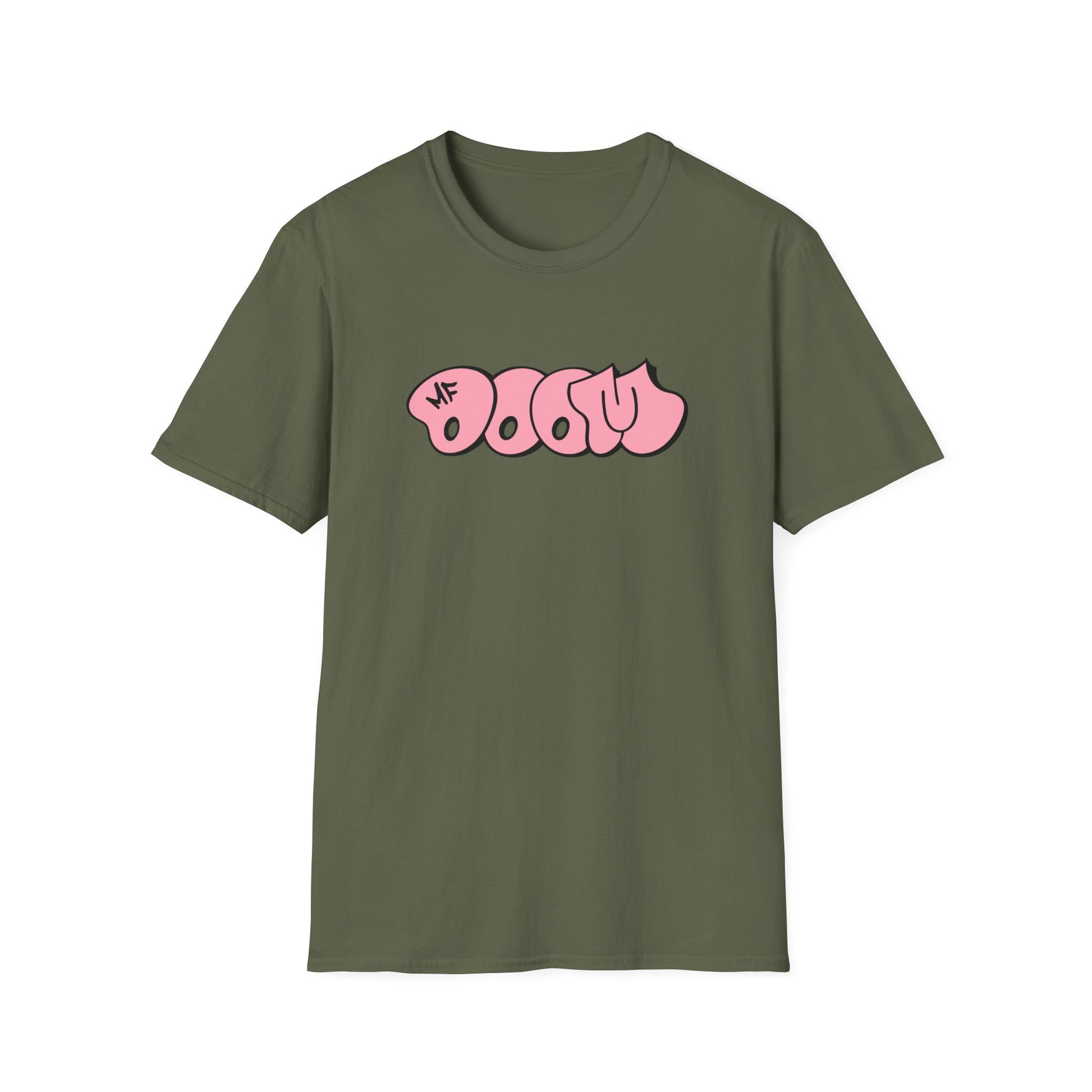 Olive green t-shirt with pink bubble text logo and "MF" initial.