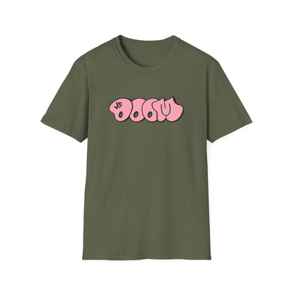 Olive green t-shirt with pink bubble text logo and "MF" initial.
