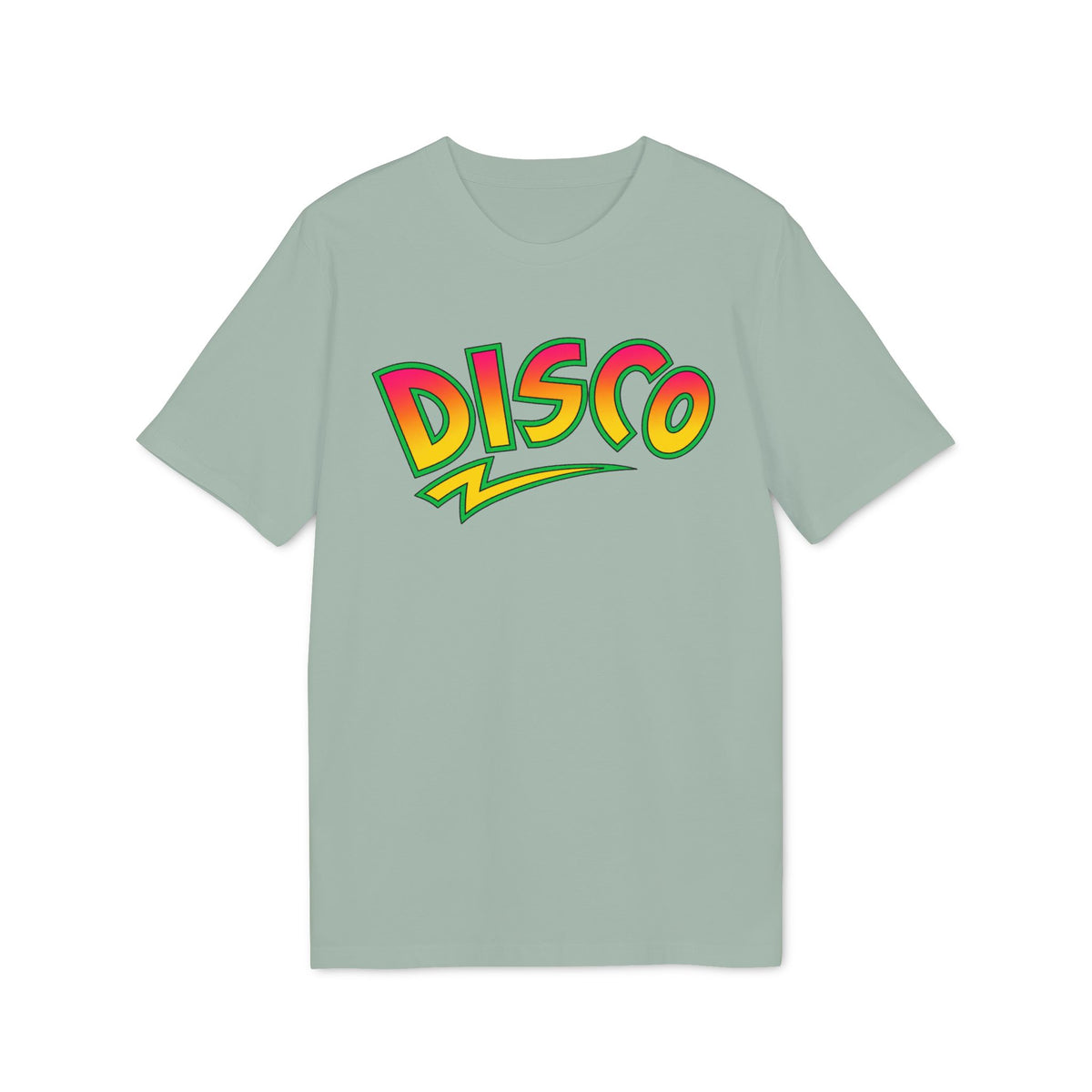 Light grey t-shirt with colorful "DISCO" text graphic and lightning bolt.