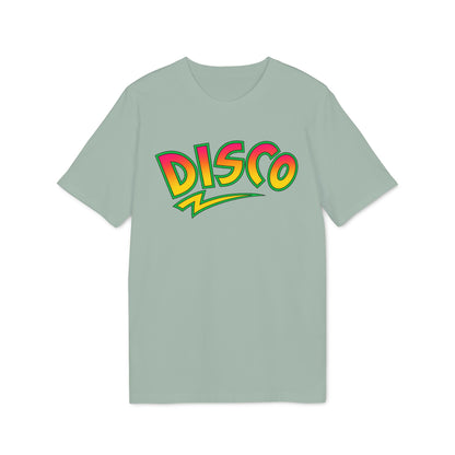 Light grey t-shirt with colorful "DISCO" text graphic and lightning bolt.