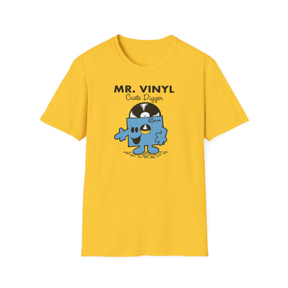 Yellow t-shirt with "MR. VINYL Crate Digger" slogan and cartoon vinyl record character.