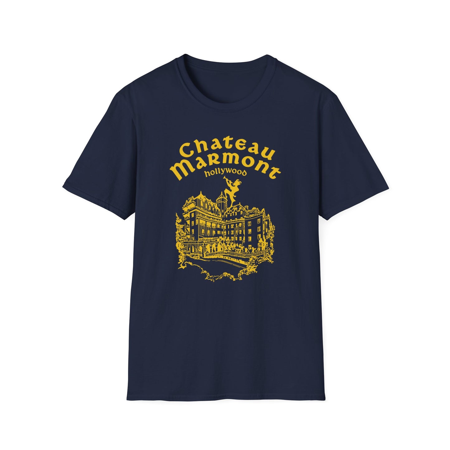 Navy t-shirt with yellow Chateau Marmont Hollywood building graphic.