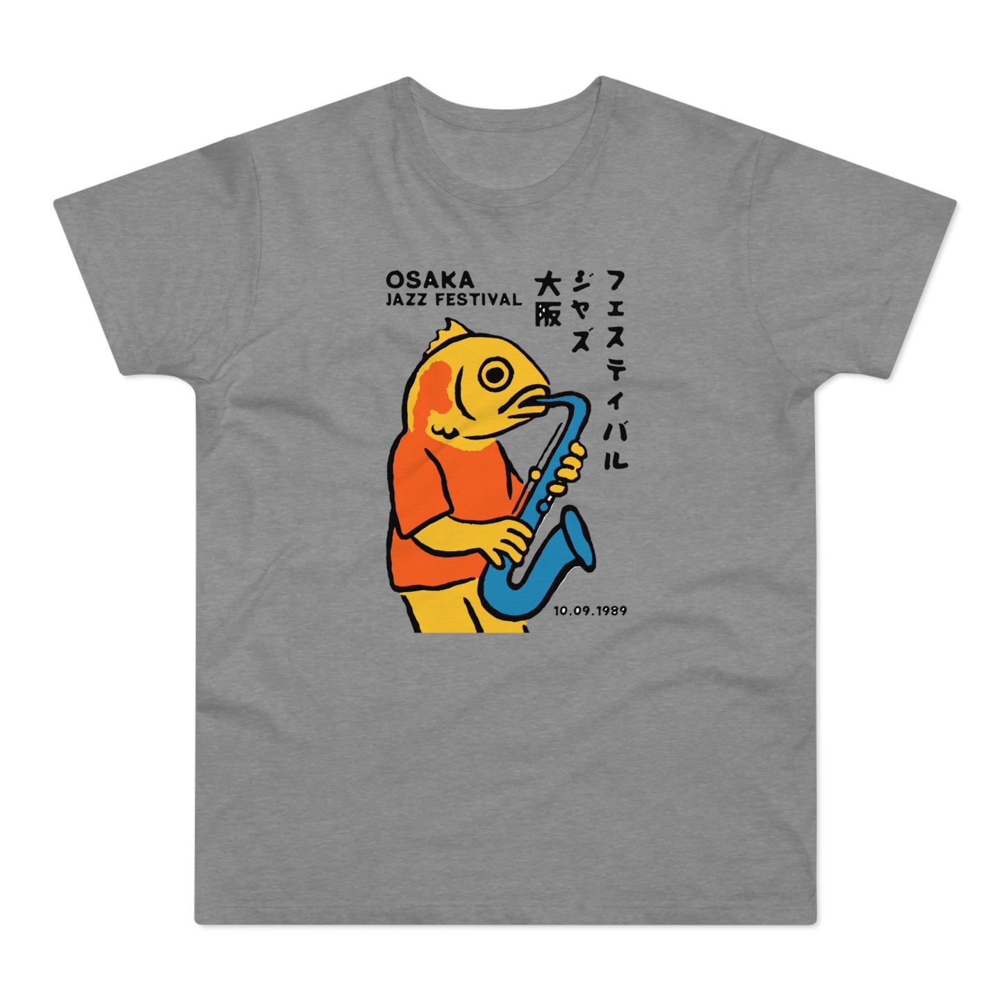 Osaka Jazz Festival t-shirt with a yellow fish playing a saxophone, 10.09.1989.