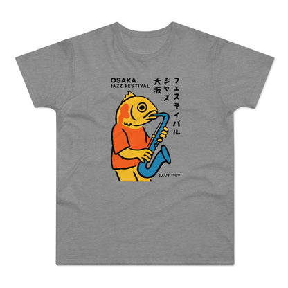 Osaka Jazz Festival t-shirt with a yellow fish playing a saxophone, 10.09.1989.