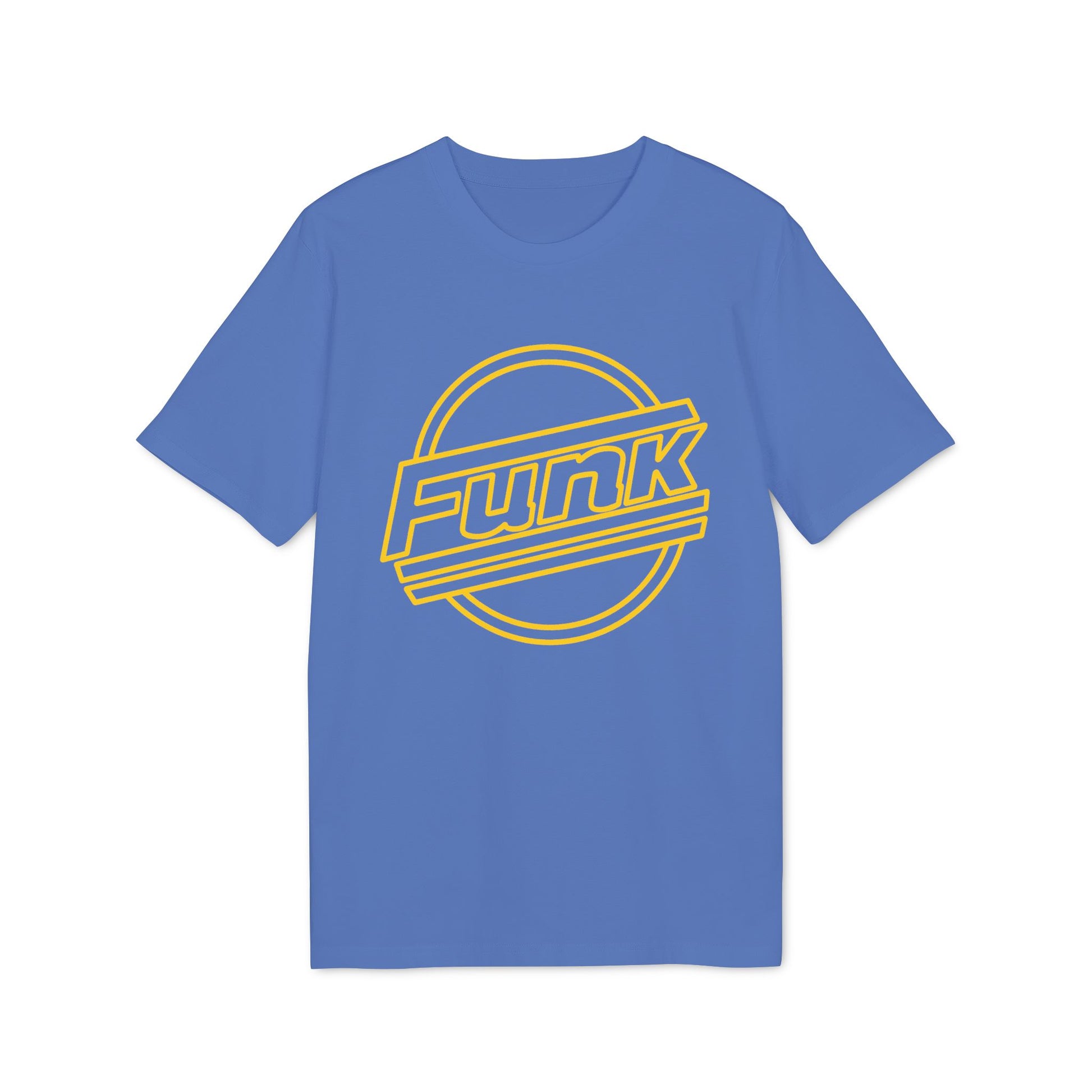 Blue t-shirt with yellow "Funk" text in a circular graphic.