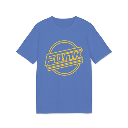 Blue t-shirt with yellow "Funk" text in a circular graphic.