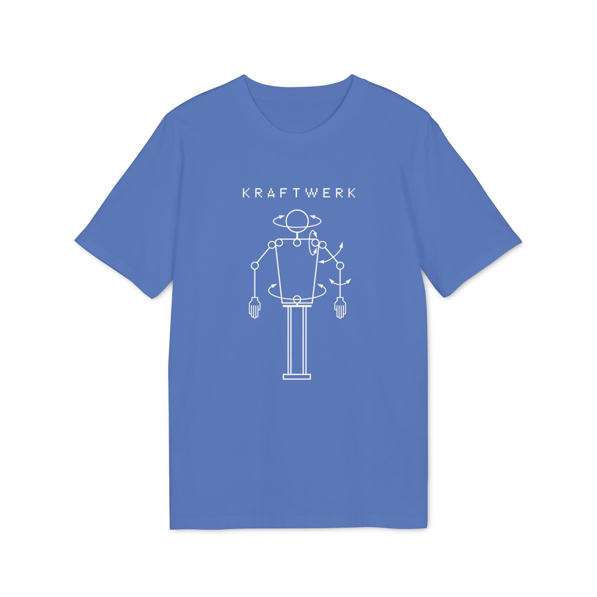 Blue t-shirt featuring the KRAFTWERK logo and a white outline of a robotic figure with rotating arrows.