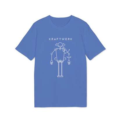 Blue t-shirt featuring the KRAFTWERK logo and a white outline of a robotic figure with rotating arrows.