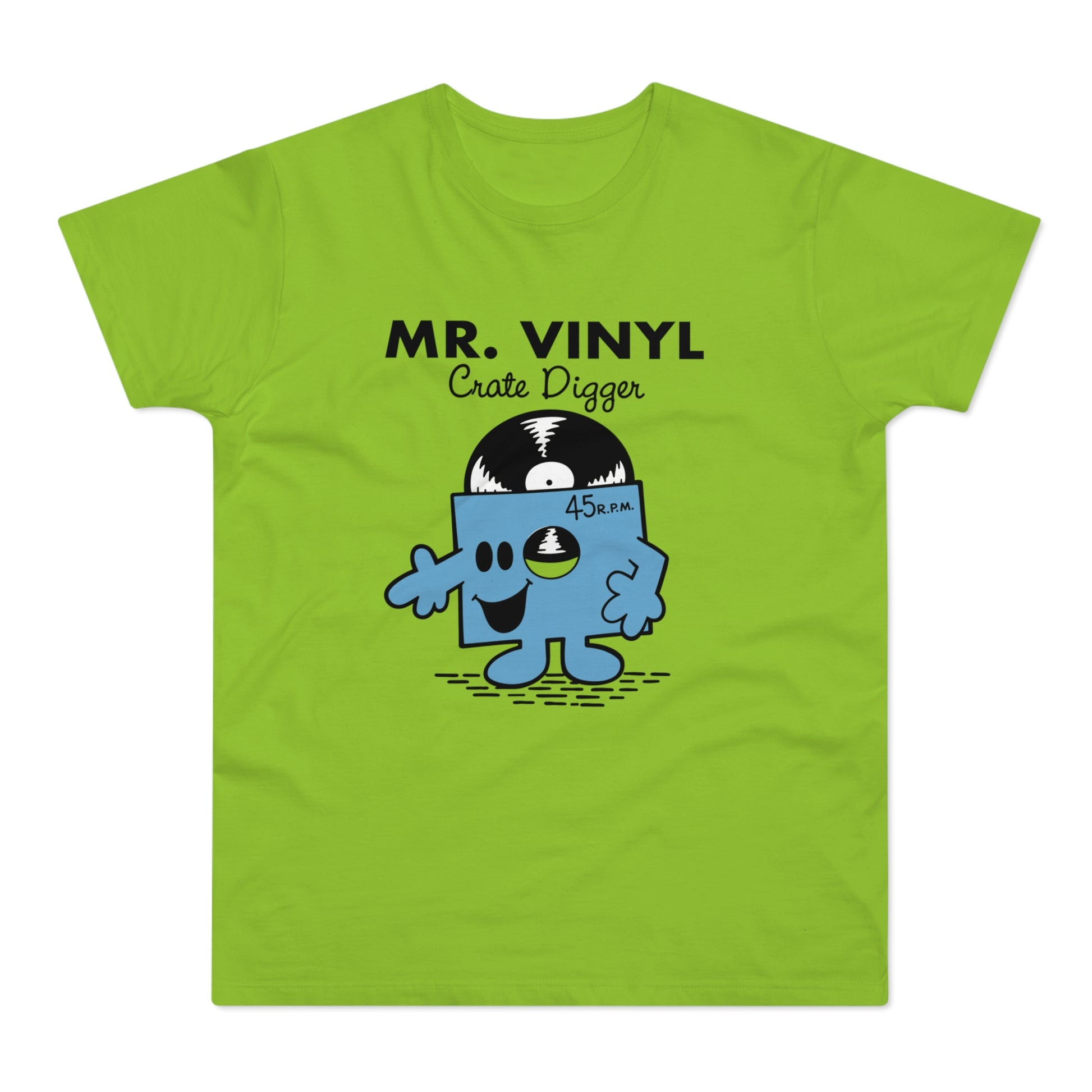 Anthropomorphic vinyl record character with text "MR. VINYL Crate Digger" on a lime t-shirt.
