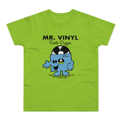 Anthropomorphic vinyl record character with text "MR. VINYL Crate Digger" on a lime t-shirt.