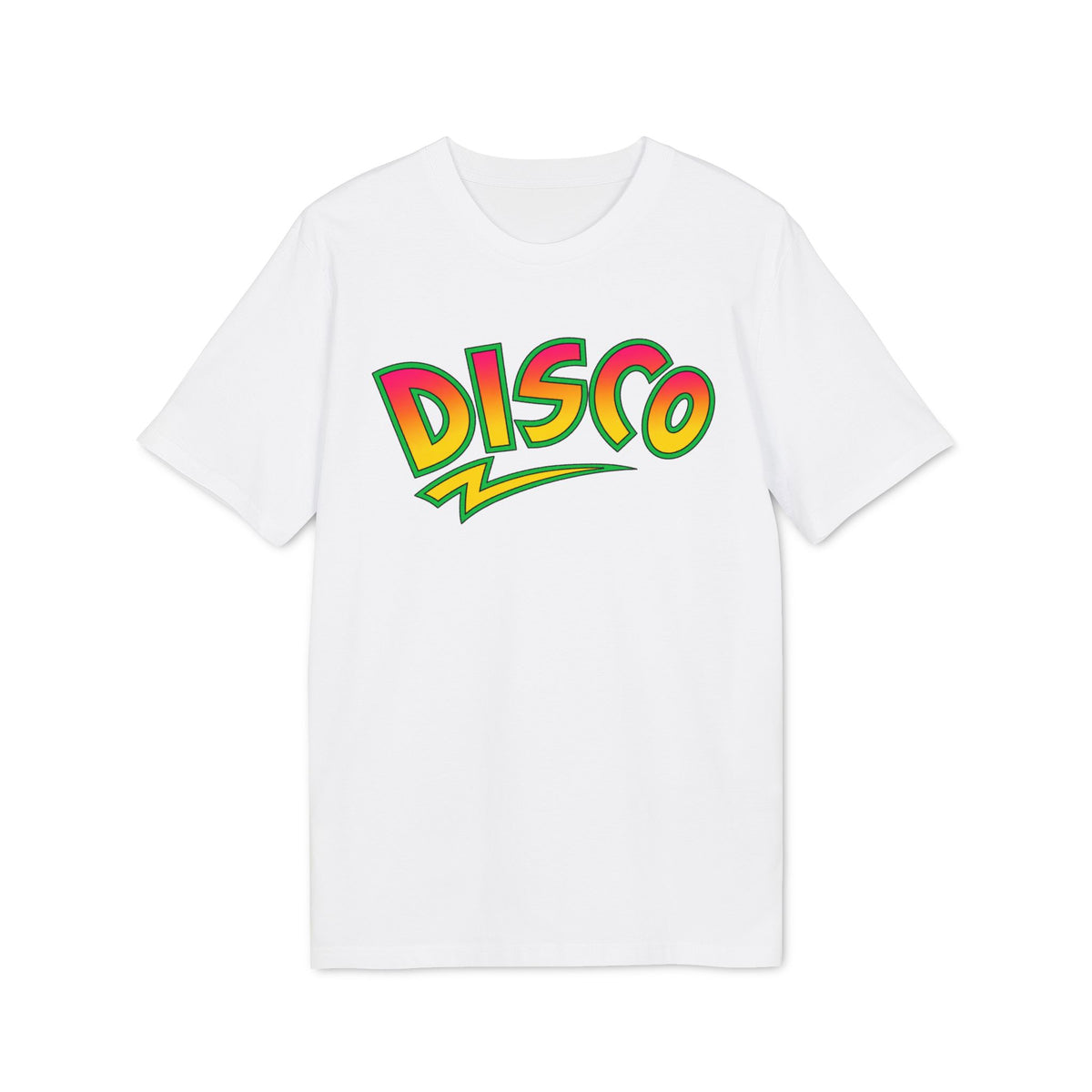 White t-shirt with "Disco" text in bold, colorful, outlined font.