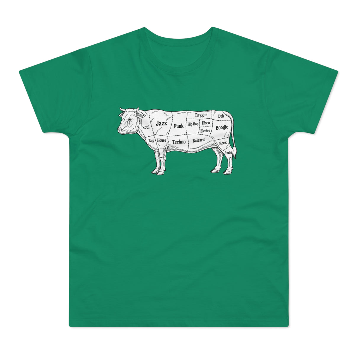 White line drawing of a cow with music genres labeled on its cuts.