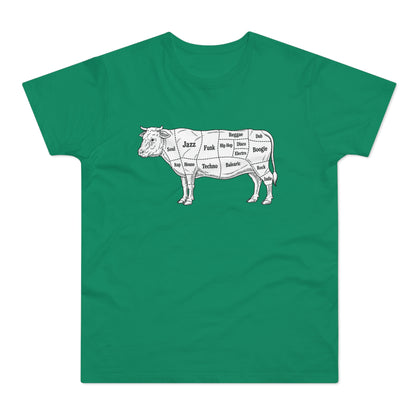 White line drawing of a cow with music genres labeled on its cuts.