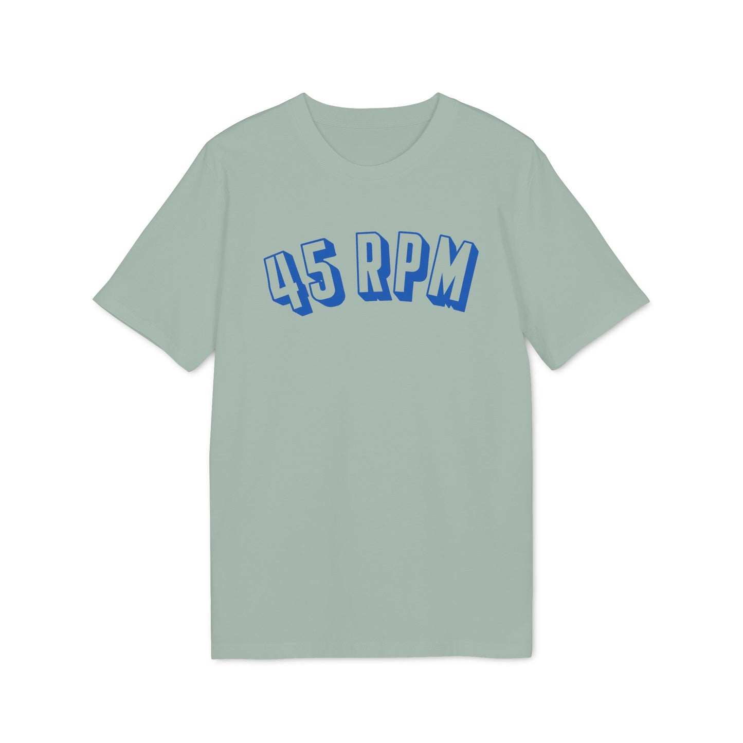 Light green t-shirt with blue "45 RPM" text in a stylized font.