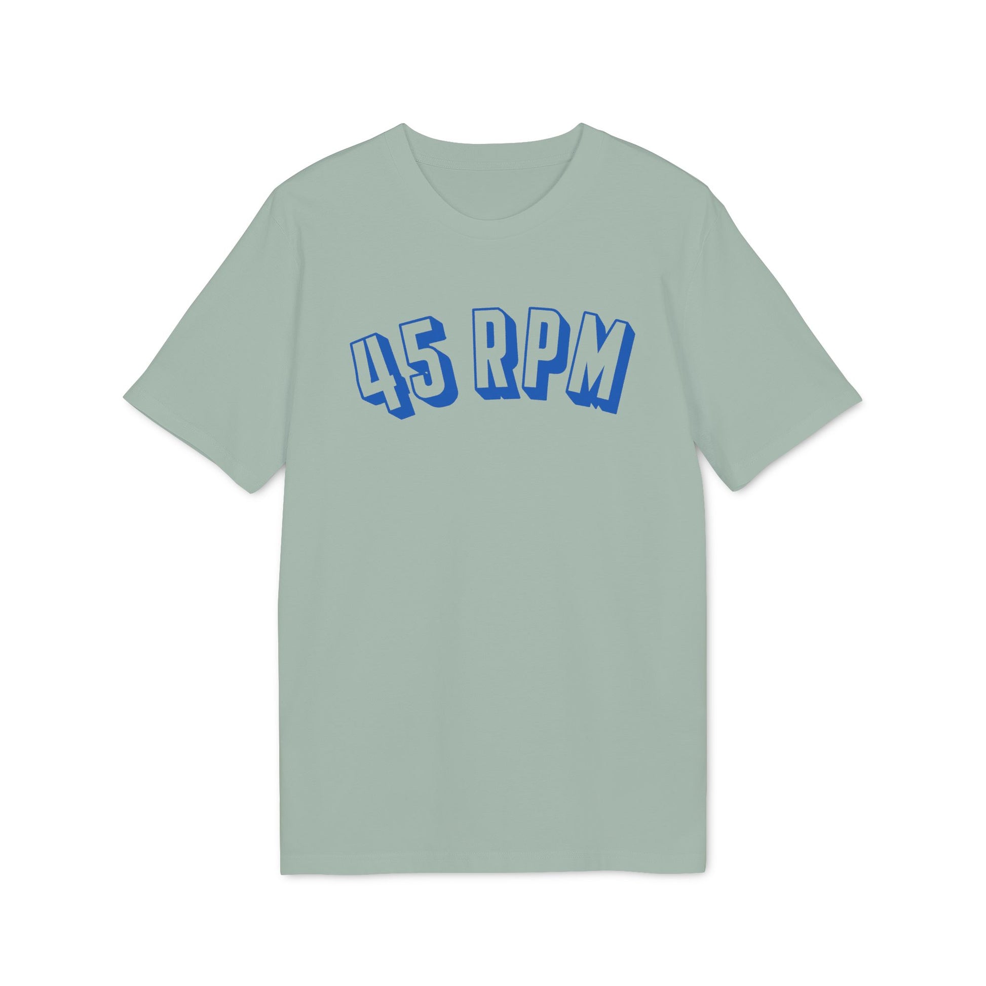 Light green t-shirt with blue "45 RPM" text in a stylized font.