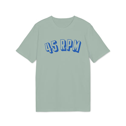Light green t-shirt with blue "45 RPM" text in a stylized font.