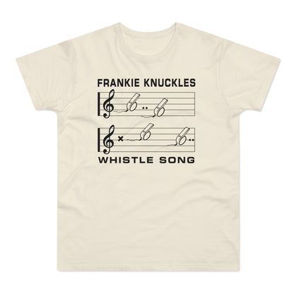 Frankie Knuckles Whistle Song music staff with whistles and notes on cream t-shirt.