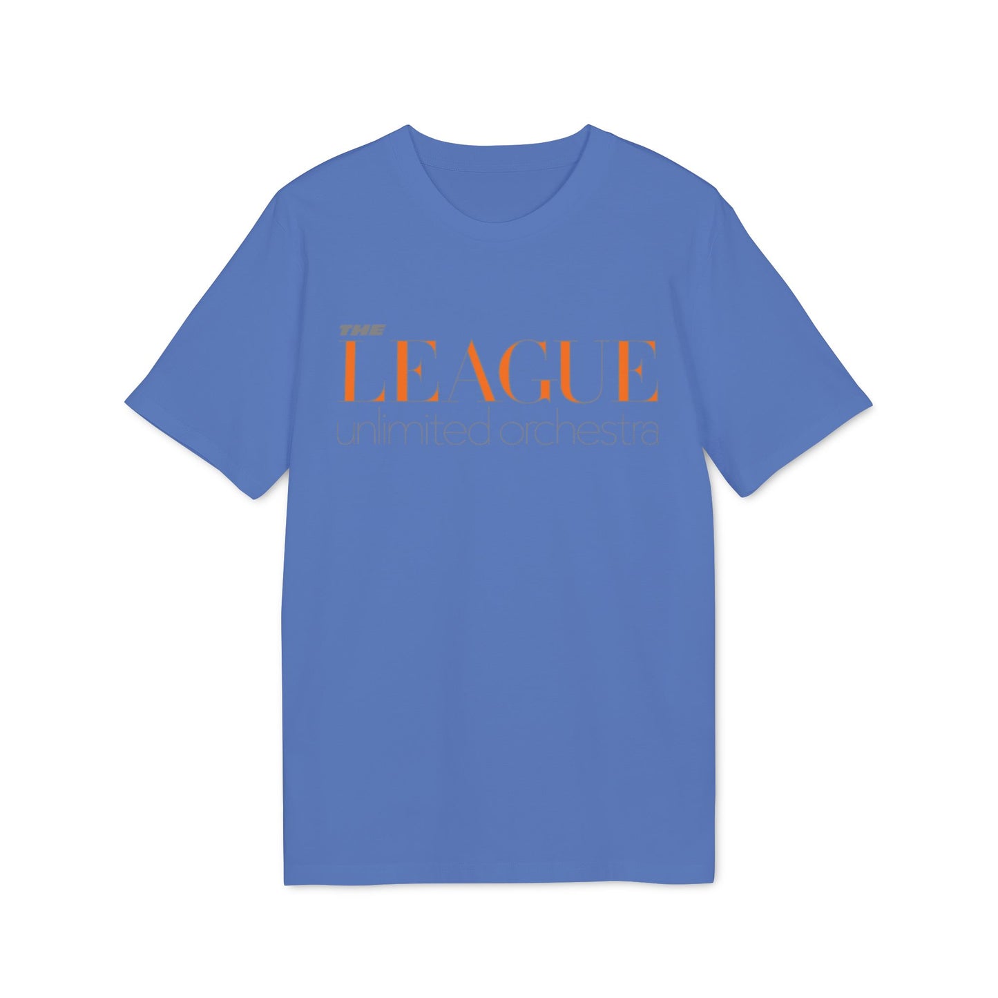 Blue t-shirt with orange "THE LEAGUE" and "unlimited orchestra" text.