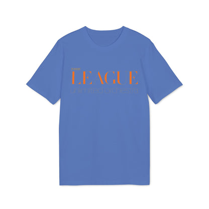 Blue t-shirt with orange "THE LEAGUE" and "unlimited orchestra" text.
