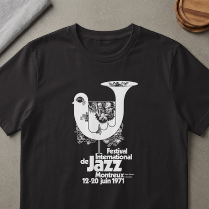 Black t-shirt with white graphic for Montreux Jazz Festival, 1971.