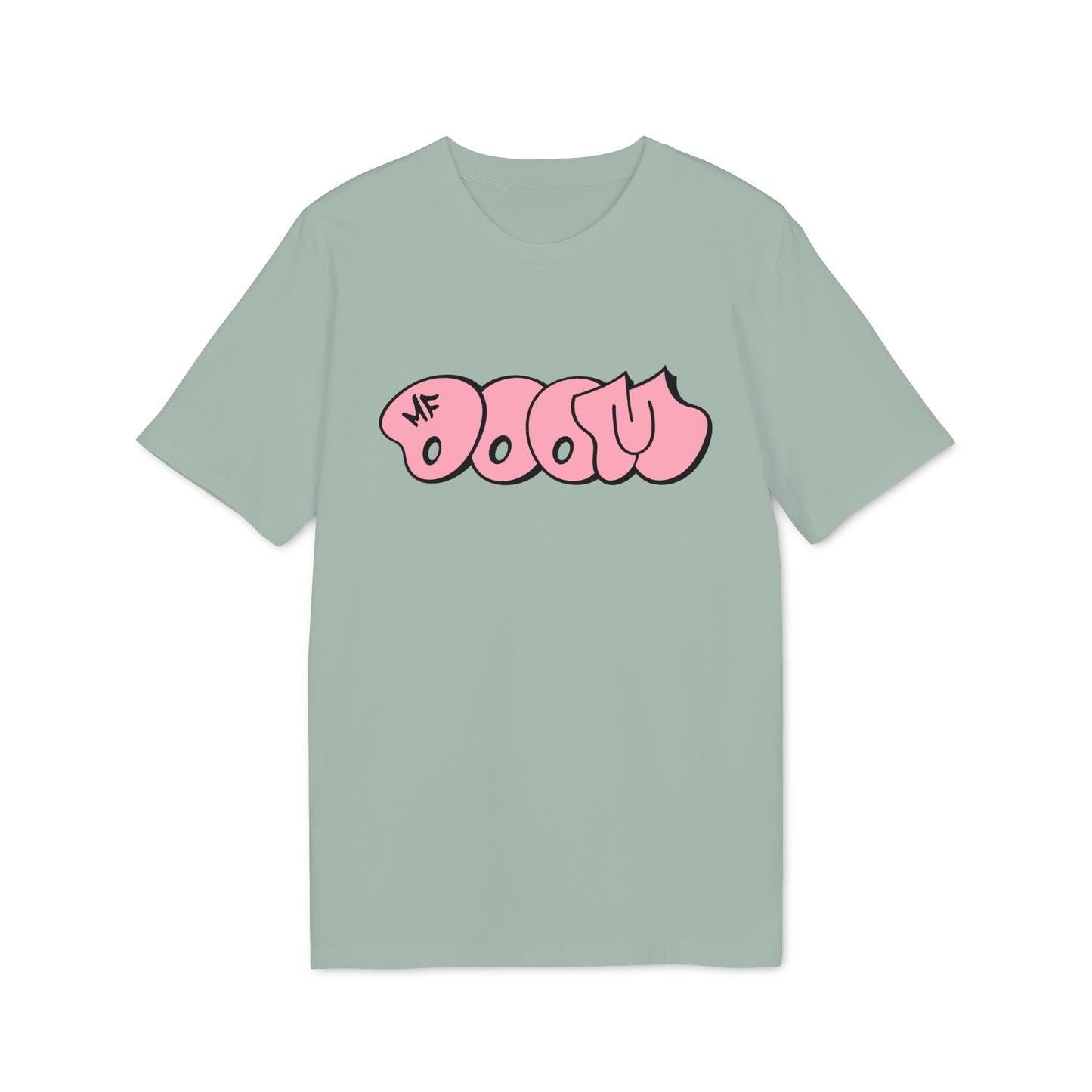 Gray t-shirt with pink bubble text graphic that reads "MF DOOM"