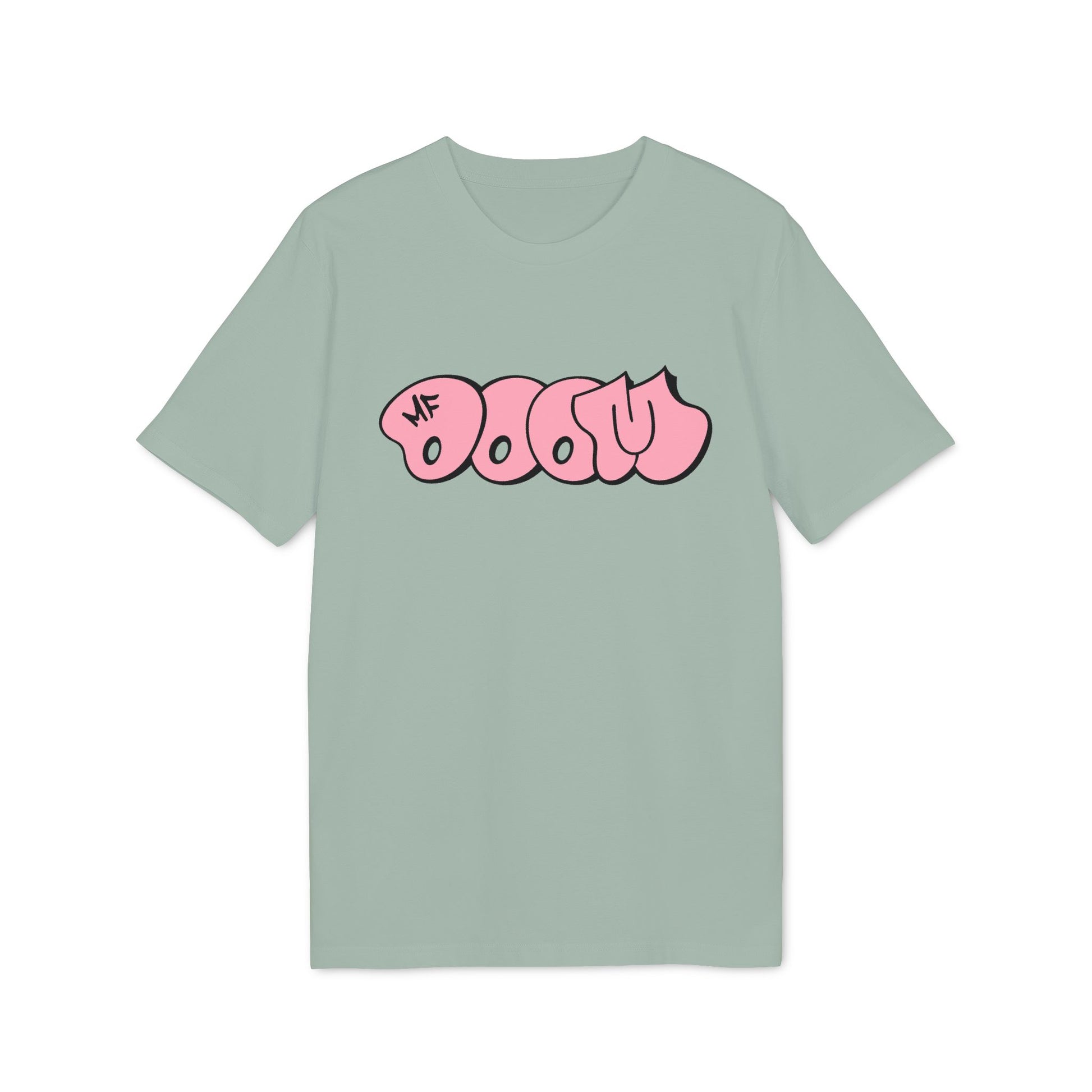 Gray t-shirt with pink bubble text graphic that reads "MF DOOM"