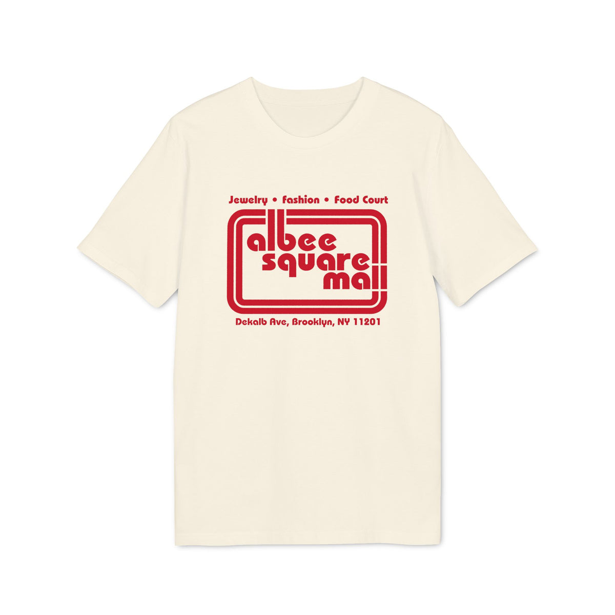 Cream t-shirt with red Albee Square Mall logo and Brooklyn address.