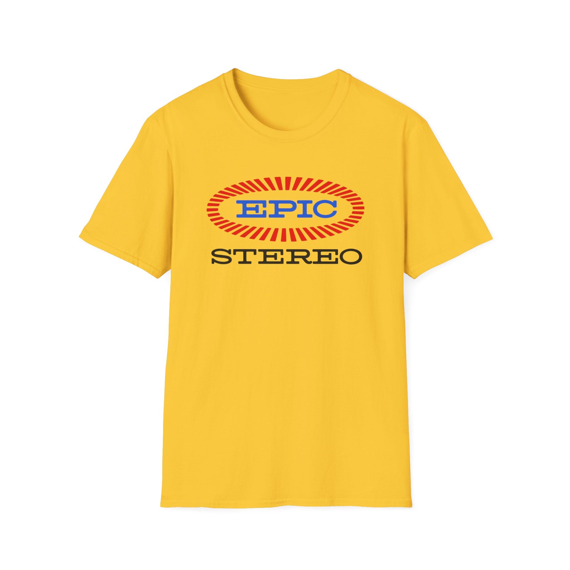 Yellow t-shirt with "EPIC" in blue inside an oval, and "STEREO" below.