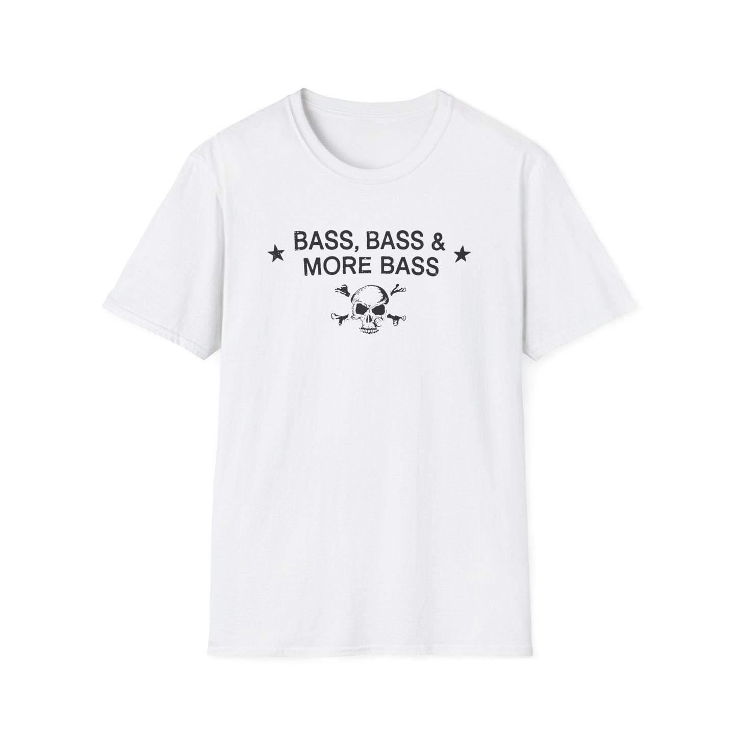 White t-shirt with "Bass, Bass & More Bass" text and a skull.
