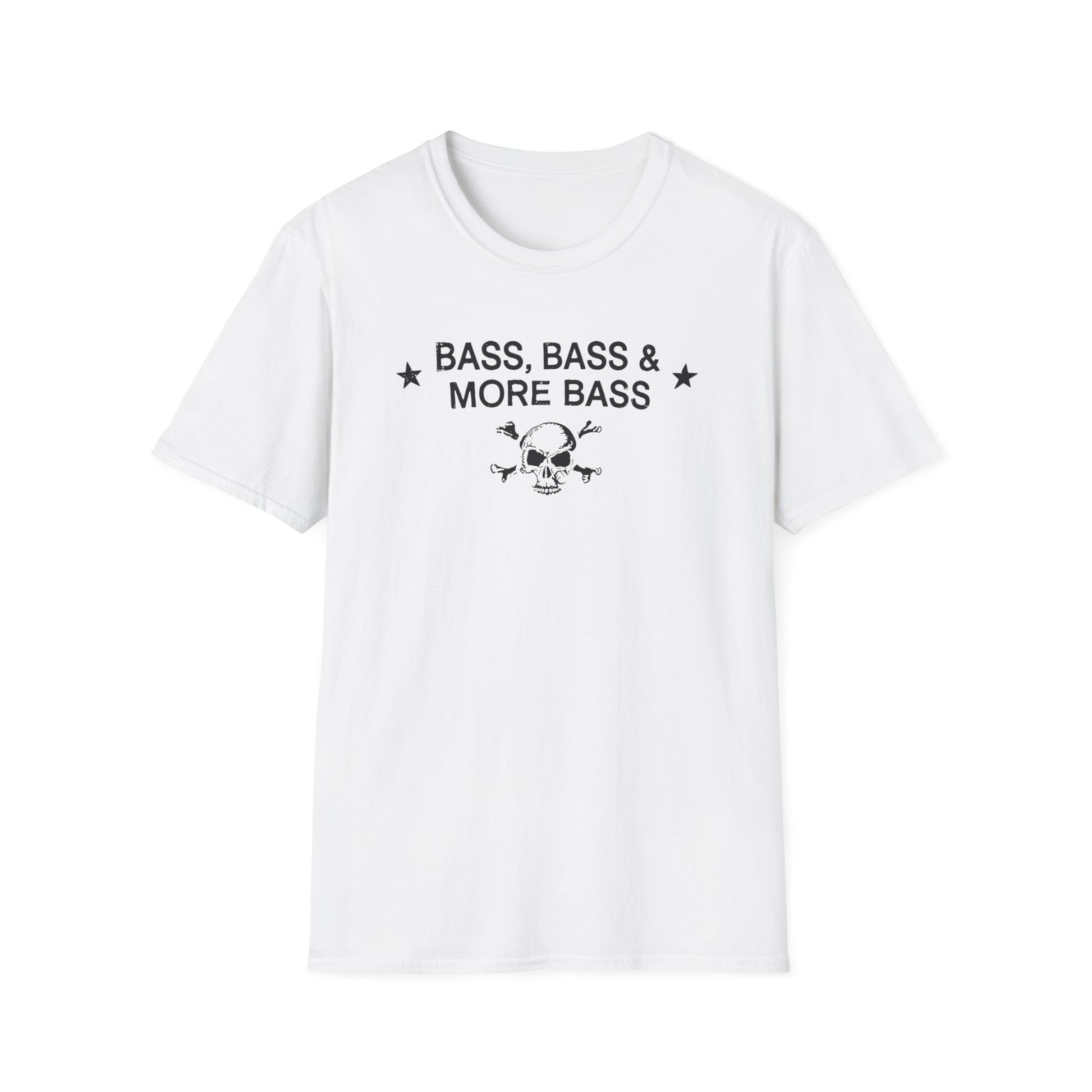 White t-shirt with "Bass, Bass & More Bass" text and a skull.