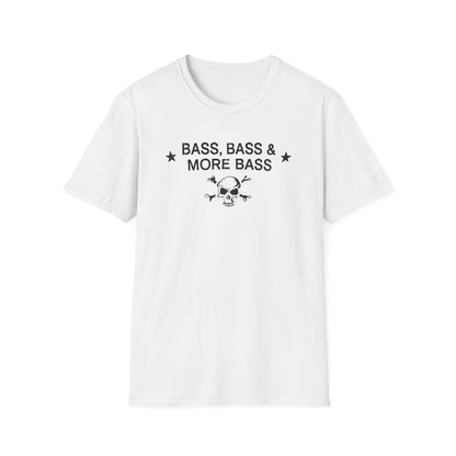 White t-shirt with "Bass, Bass & More Bass" text and a skull.