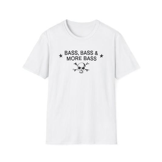 White t-shirt with "Bass, Bass & More Bass" text and a skull.