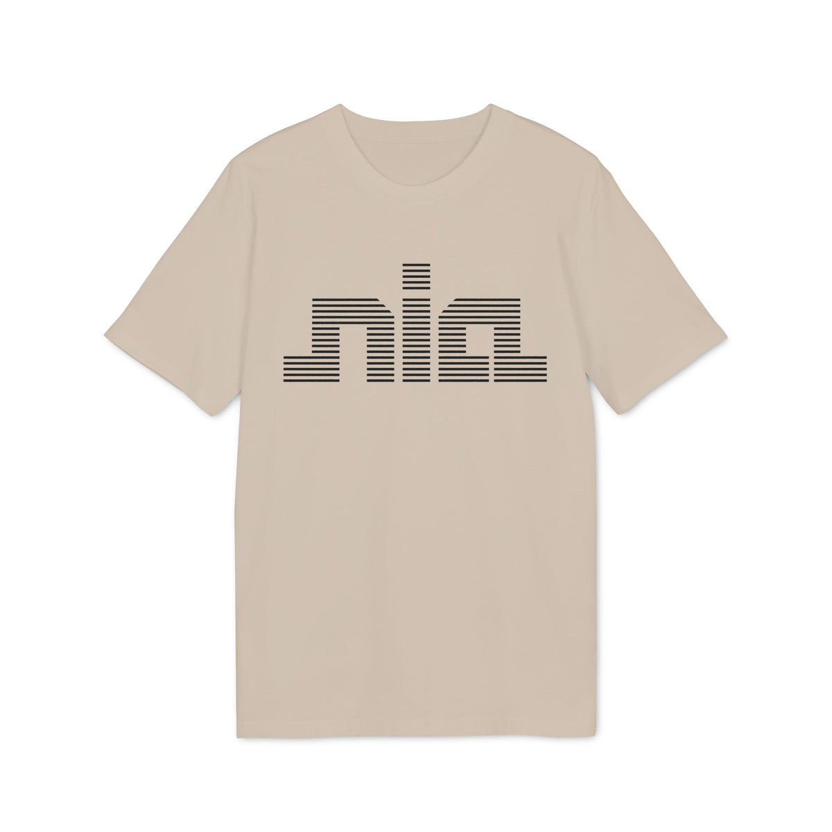 Tan t-shirt with black horizontally striped "nia" logo on chest.