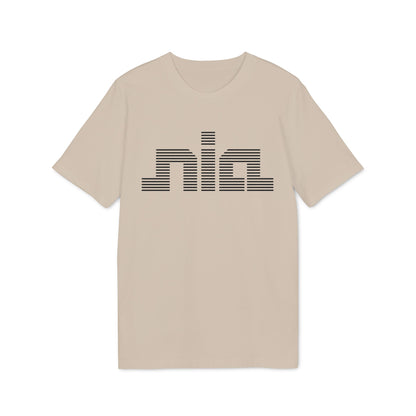 Tan t-shirt with black horizontally striped "nia" logo on chest.