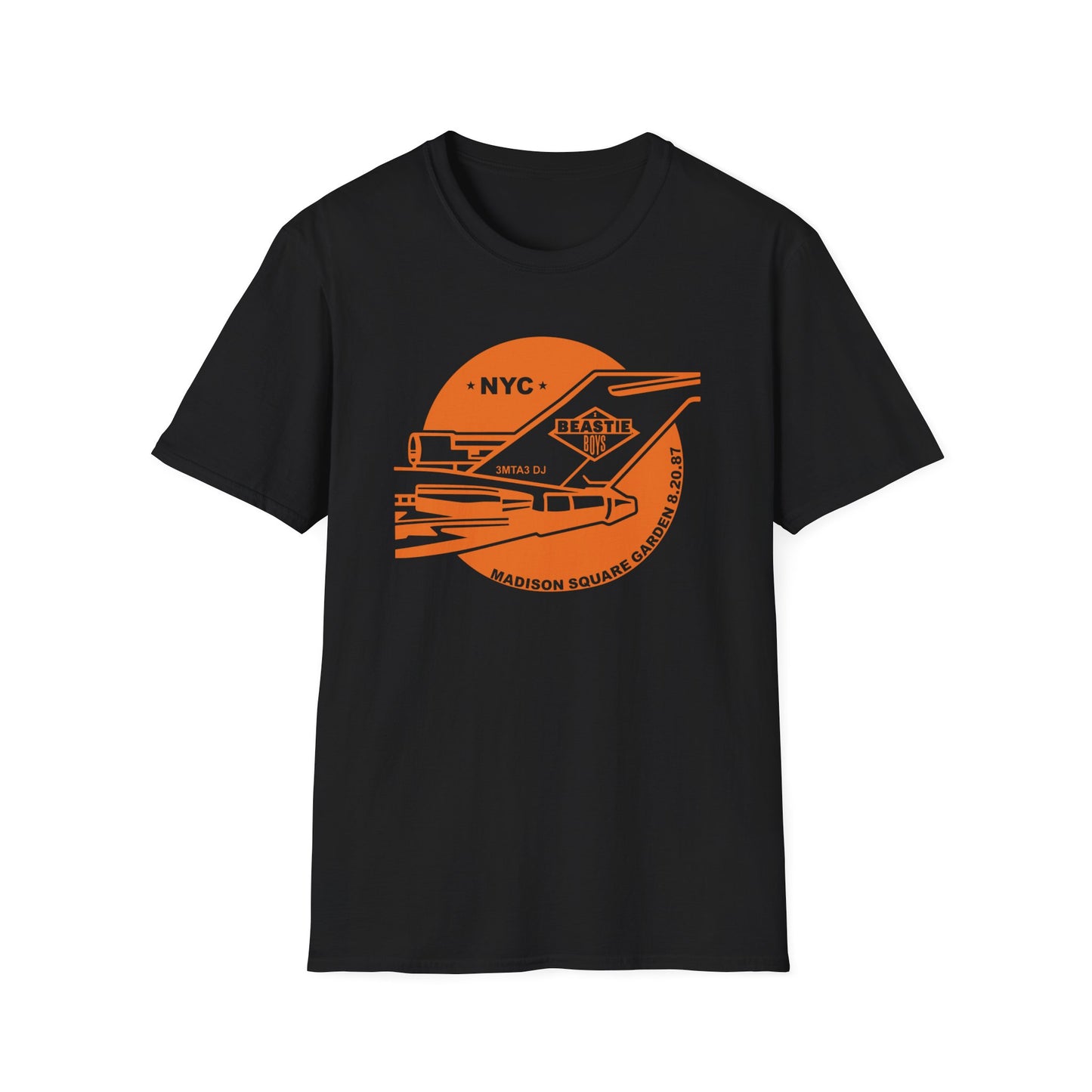 Black t-shirt with orange graphic featuring Beastie Boys, NYC, and Madison Square Garden 8.20.87.
