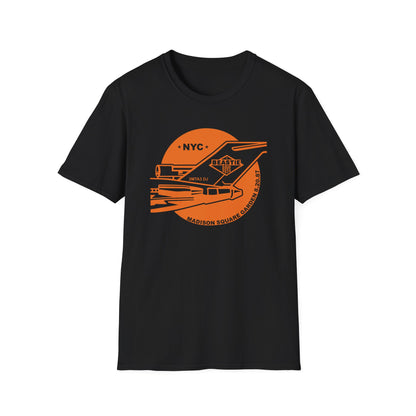 Black t-shirt with orange graphic featuring Beastie Boys, NYC, and Madison Square Garden 8.20.87.