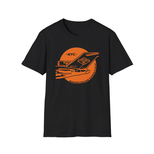 Black t-shirt with orange graphic featuring Beastie Boys, NYC, and Madison Square Garden 8.20.87.