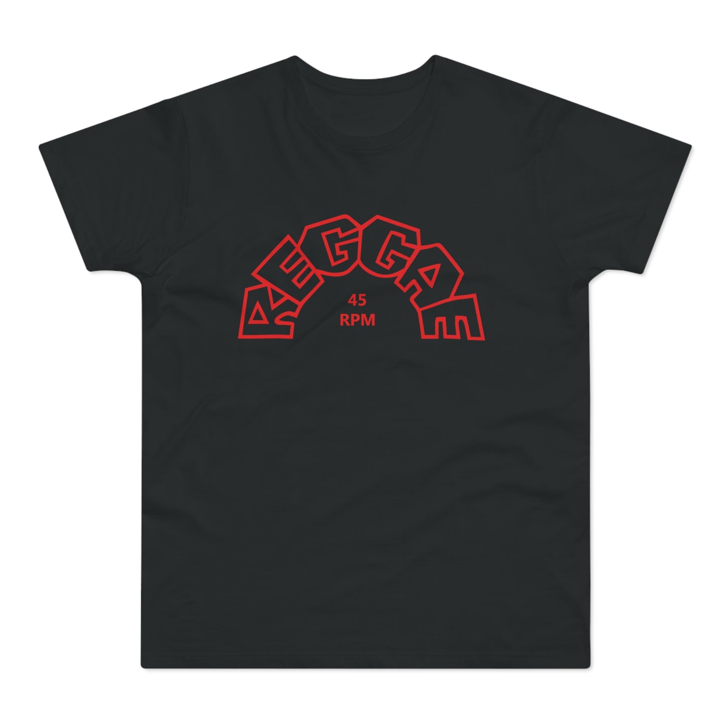 Black t-shirt with red text that reads "REGGAE 45 RPM" in an arched font.