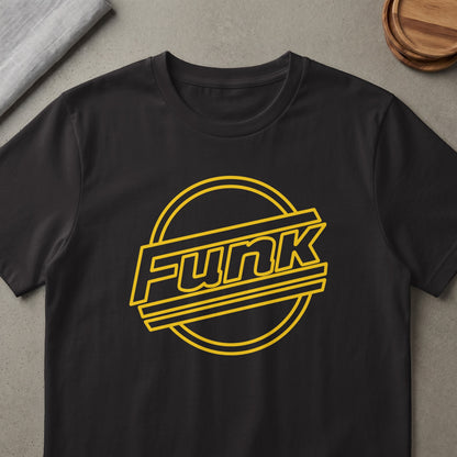 Black t-shirt with yellow "Funk" text inside a circular graphic.