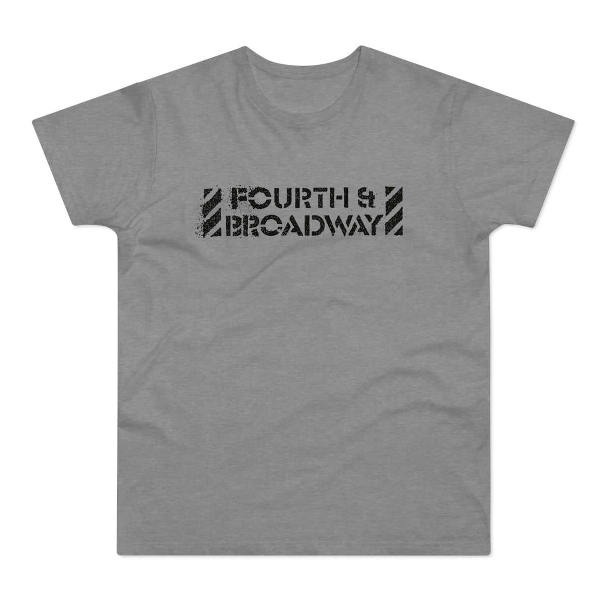 Grey t-shirt with black distressed text reading "FOURTH & BROADWAY".