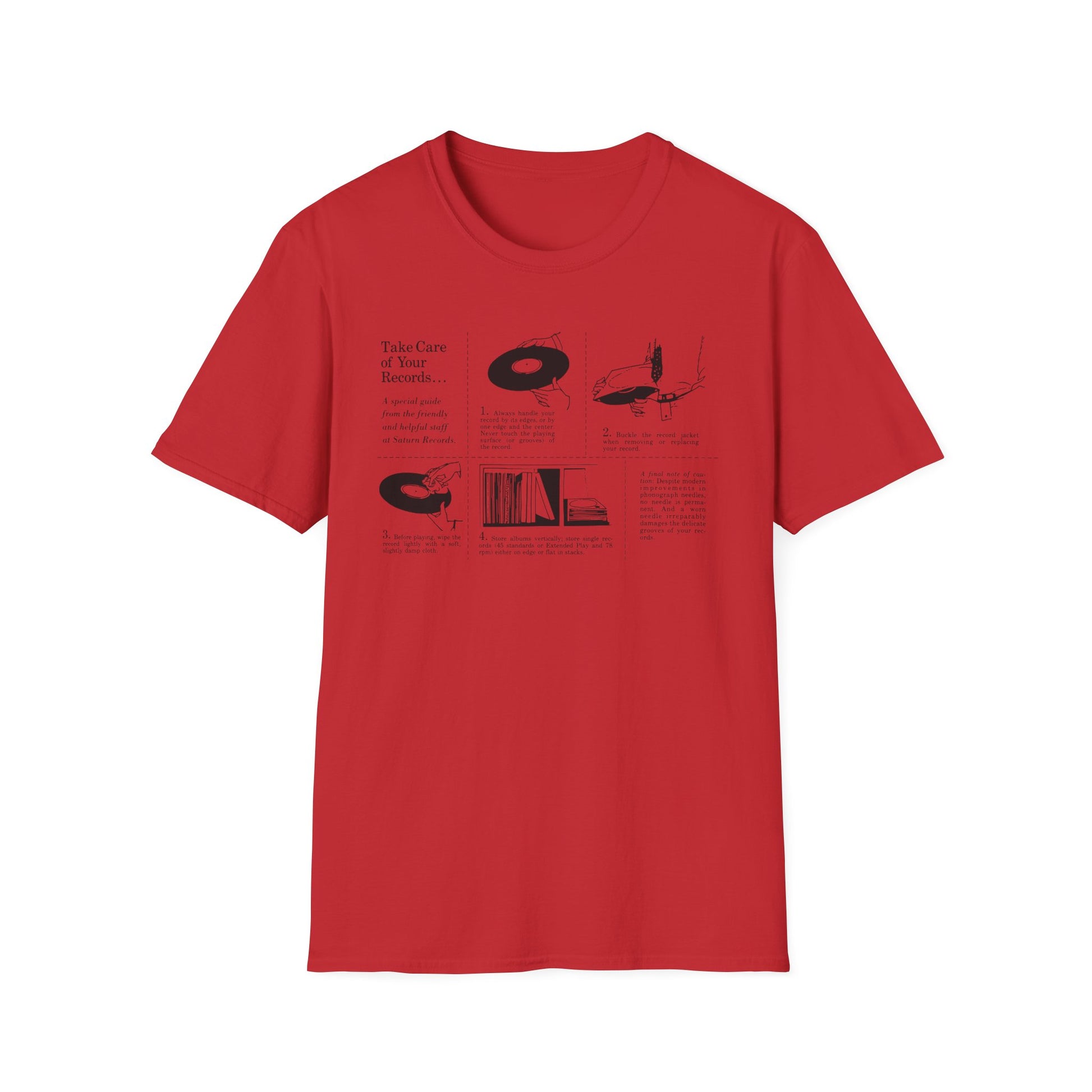 Red t-shirt with text and illustrations on taking care of records.